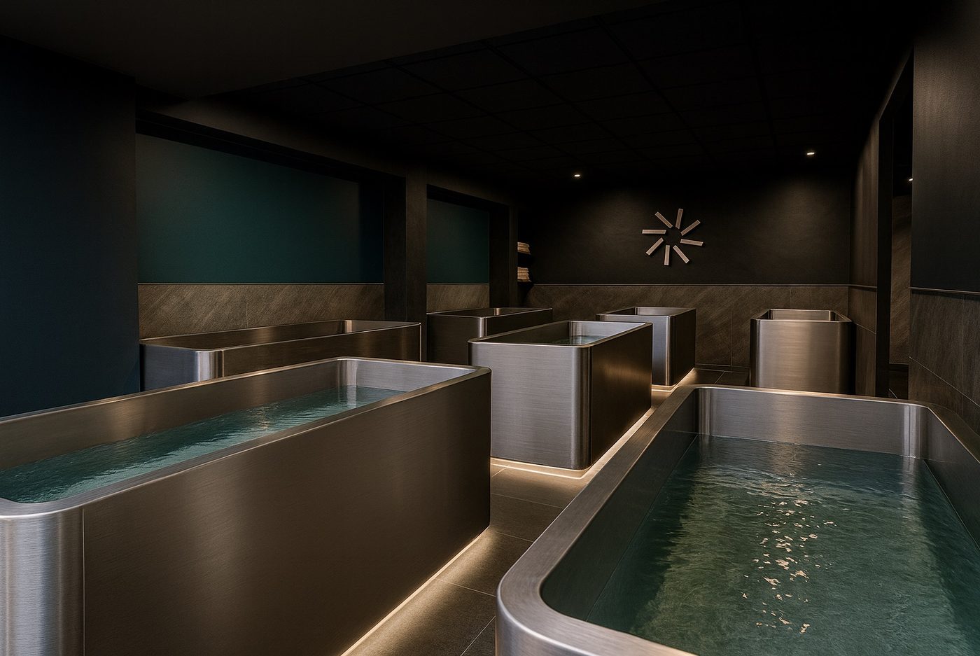 Les sept bains froids en inox du Re-Set Club, rue Laffitte à Paris