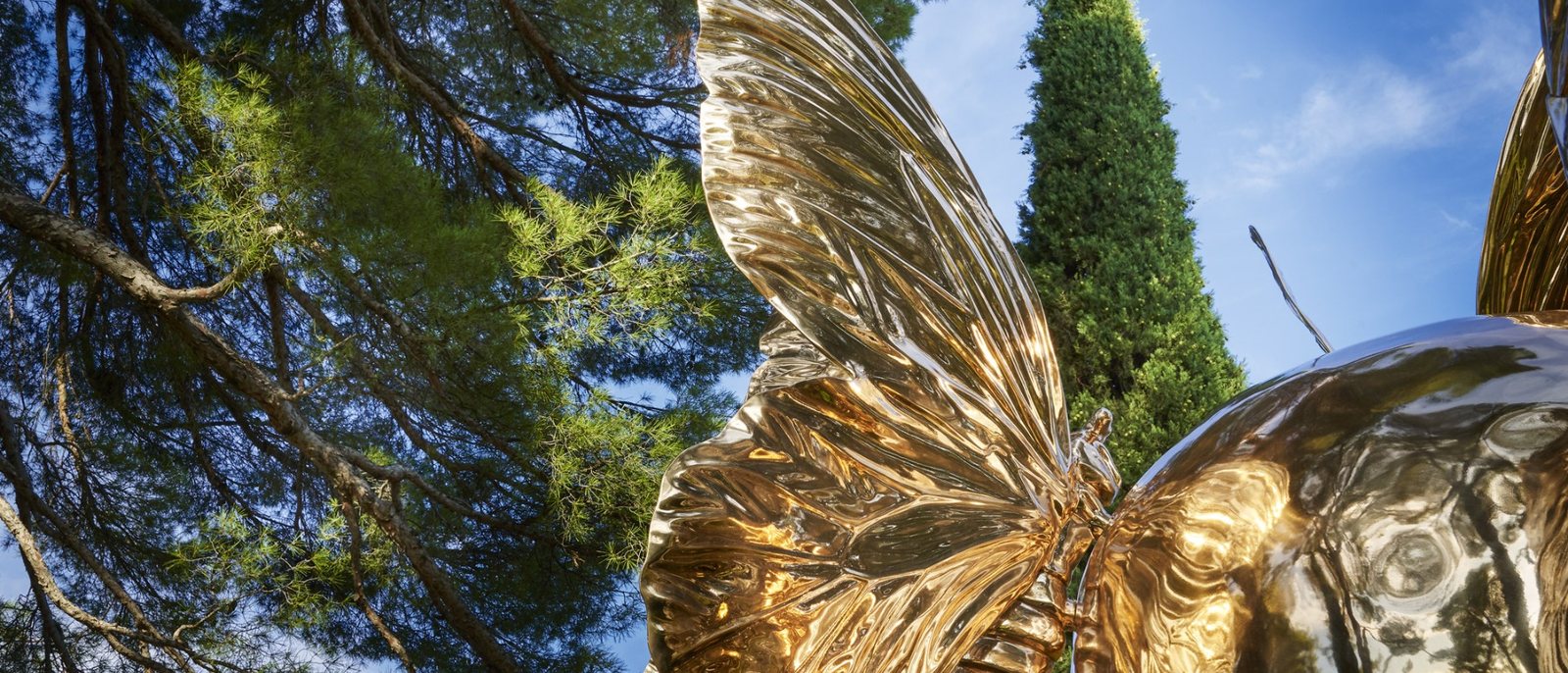 Une sculpture au papillon doré dressée sous les pins du Château de la Gaude, contre un ciel bleu