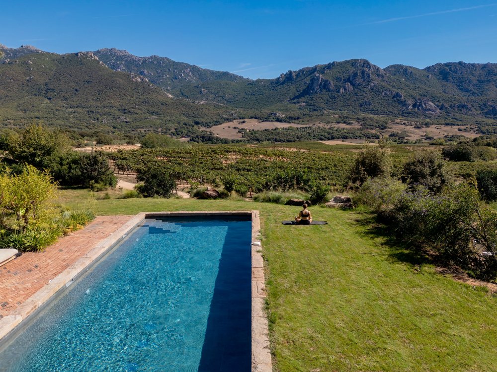 Le Grand Bassin du Hameau de Saparale, dans l'herbe, face aux vignes et aux montagnes de la vallée de l'Ortolo
