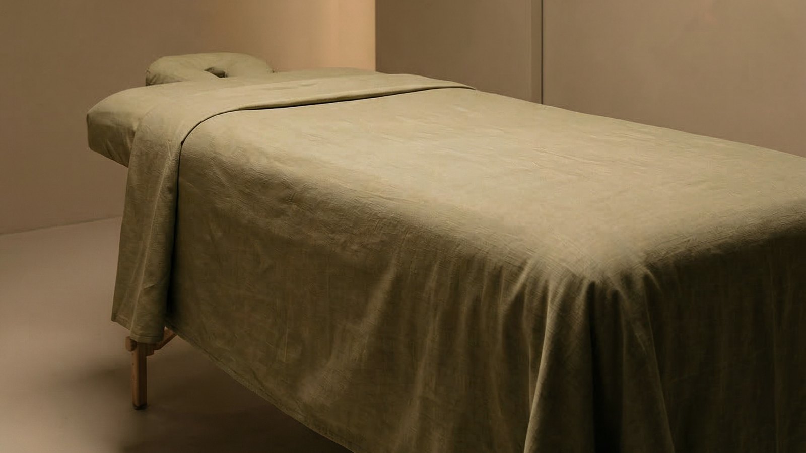 Table de soin drapée de lin dans une cabine des Bains de l'Opéra, à Lyon