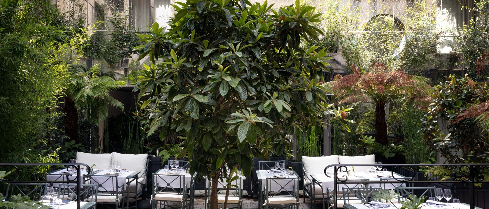 Le jardin intérieur des Jardins du Faubourg, ses tables dressées sous les arbres et les plantes exotiques