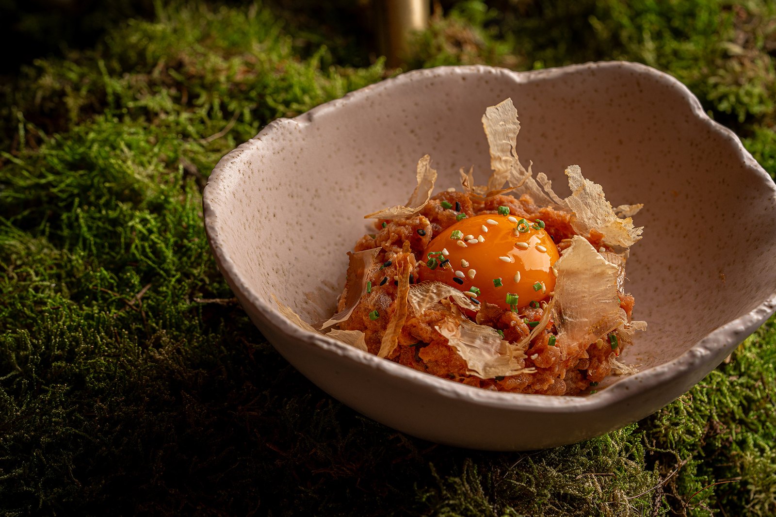 Assiette de tartare au jaune d'œuf et copeaux de bonite servie au restaurant TĪNG