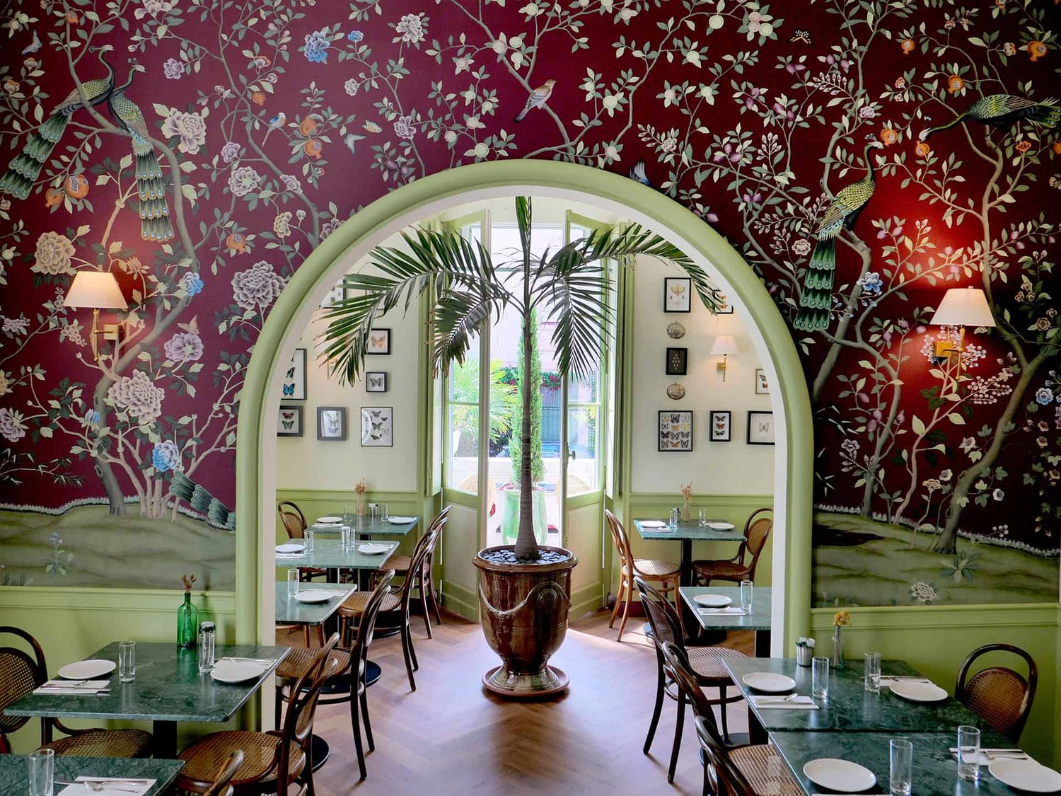 Le jardin d'hiver de l'Hôtel Bristol à Pau, sous son papier peint fleuri