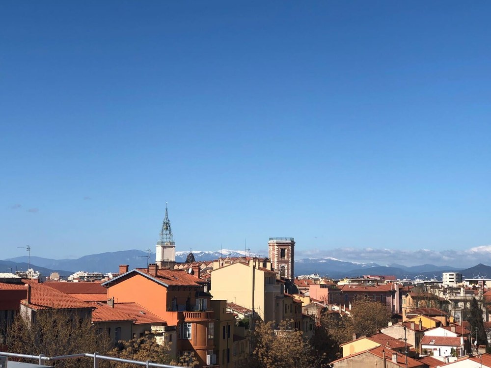 La vue depuis le rooftop du Dali Hôtel, les toits de tuiles de Perpignan et la ligne enneigée des Pyrénées