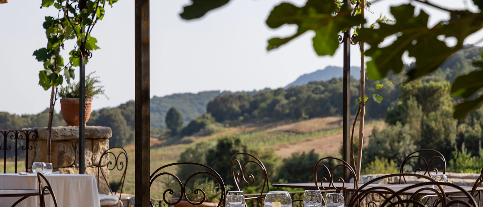 Une terrasse sous tonnelle au Hameau de Saparale, face à la vallée de l'Ortolo