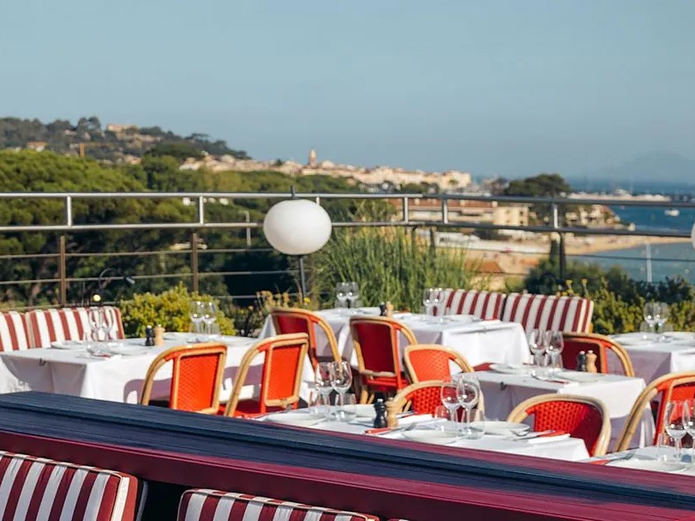 Le rooftop Le Petit Célestin du Kube, ses banquettes rayées et le golfe de Saint-Tropez